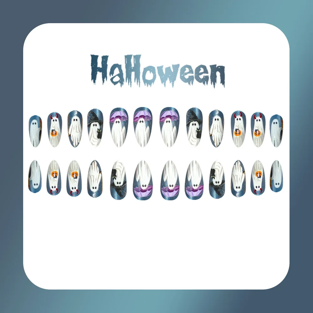 24pcs Halloween Nail Art Ghost Cat Eye Almond Press On Nails Cute Pumpkin Witch Design Fake Nails with 1 Jelly Glue 1 Nail File - view 4