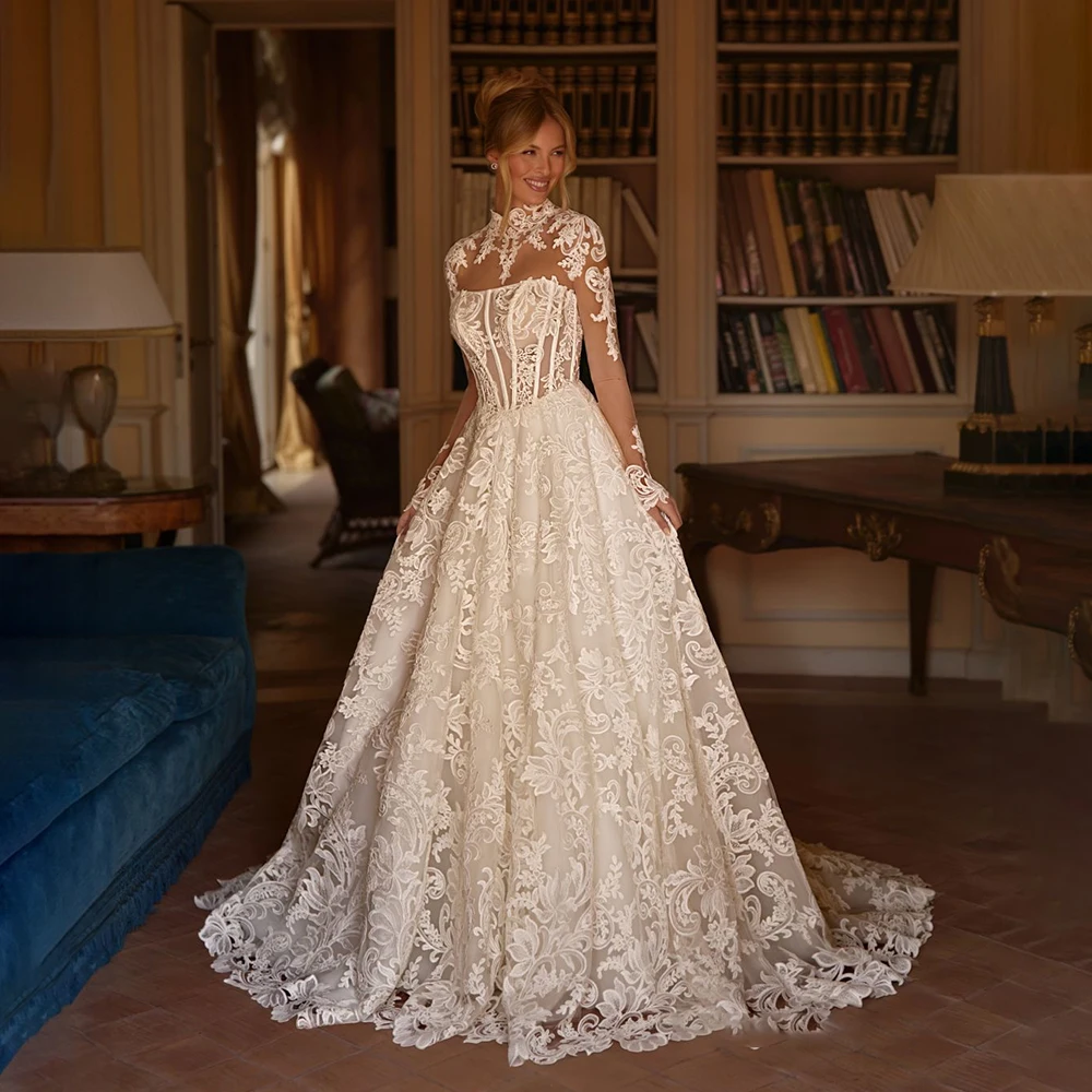 

Boho Wedding Dress Boat Collar Tulle Long Wedding Gown Jackets Appliques Lace A-line Bridal Dress with Train Custom Made