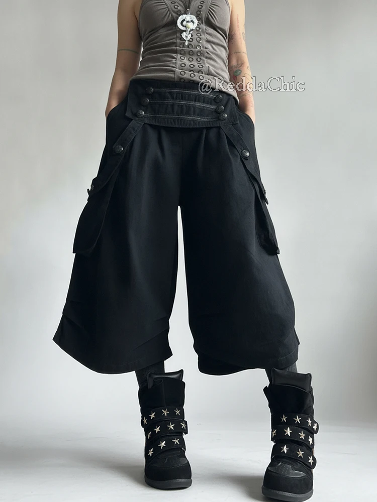 REDDACHiC Goth Royal Women Capri Cargo Pants Vintage Button Low Waist Pleated Baggy Bermuda Shorts Alternative Summer Clothes