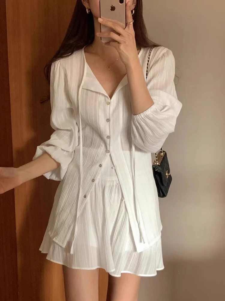 

Chic Summer Design Long Sve Sun Protection irt High Waist f Skirt ort Skirt Two Piece Set Belted Ele Women's Wear