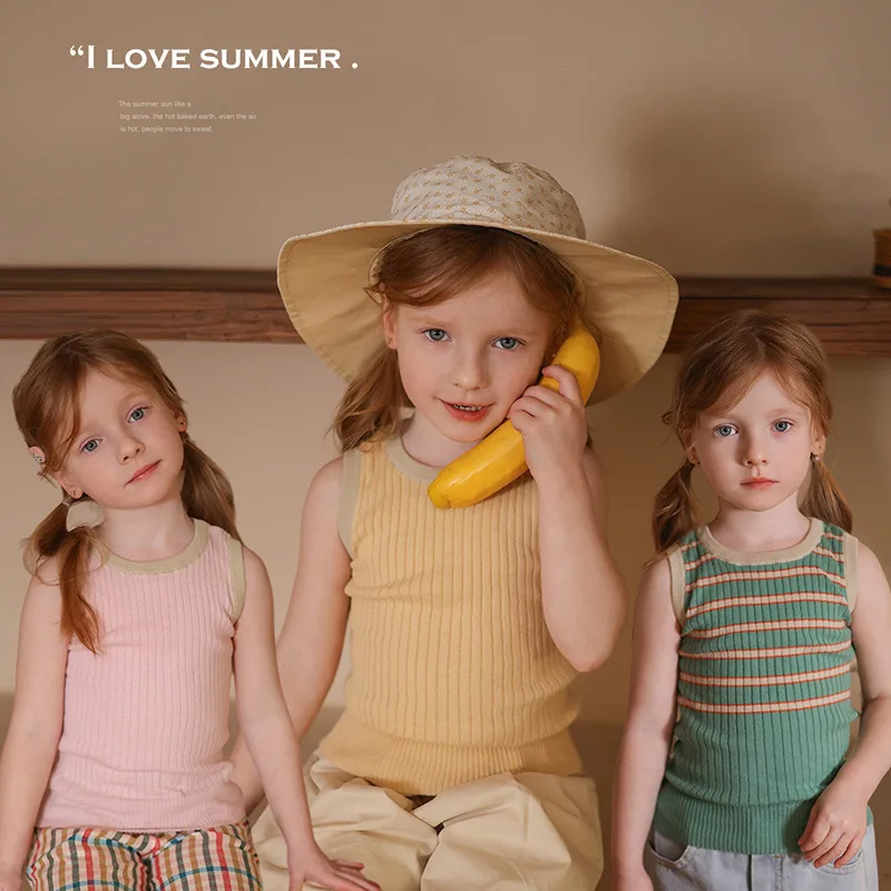 Kindergarten Baby Versatile Knitted Striped Vest Yuner Mother Girls Summer Foreign Style Top Children's Pure Cotton Summer Wear