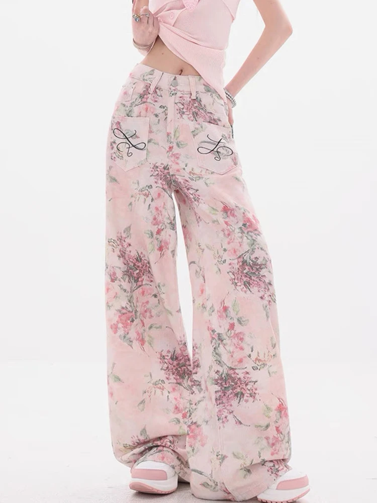 

New Women Chinese Style Pink Embroidered Jeans Summer Casual Wide Leg Floor Length Pants with Printed Design