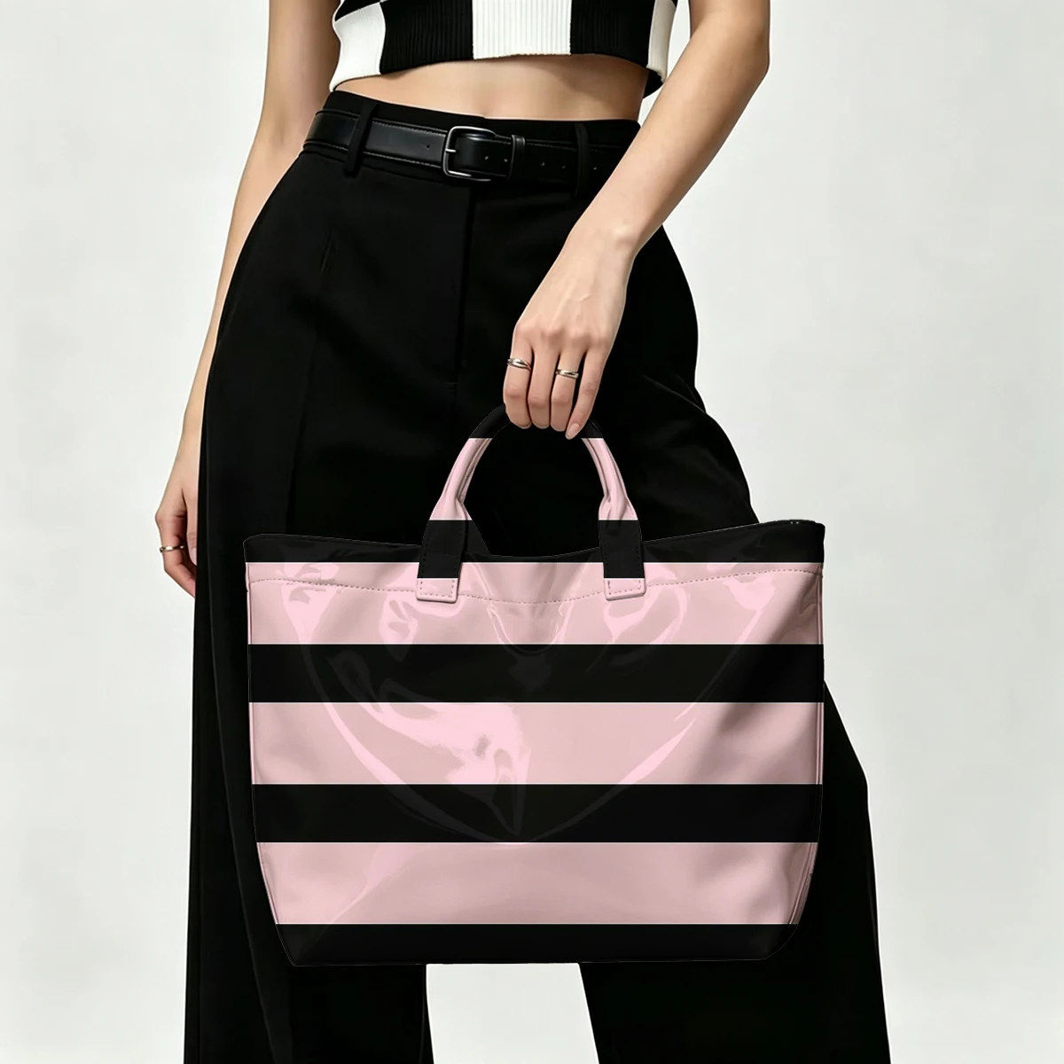 Black stripes pink Fashion Bag Transparent PVC Waterproof Handbag Large Capacity Daily Commute Shoulder Tote Mummy Bag