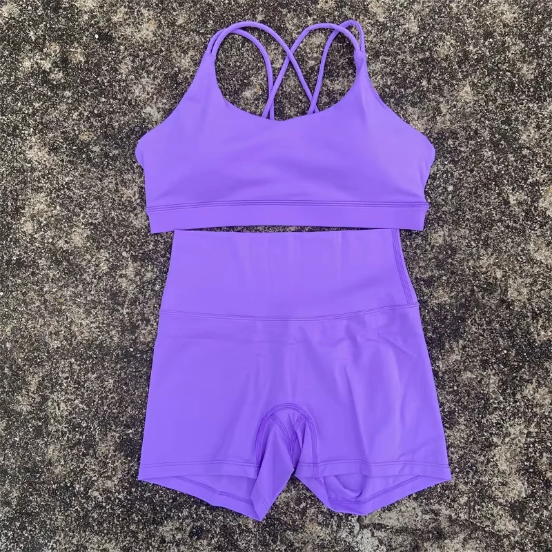 Women Cross fitness Bra Top Sport Short 2 pc Solid Color Women Gym Yoga Set Soft Cross-back straps  Athletic Workout Tracksuit