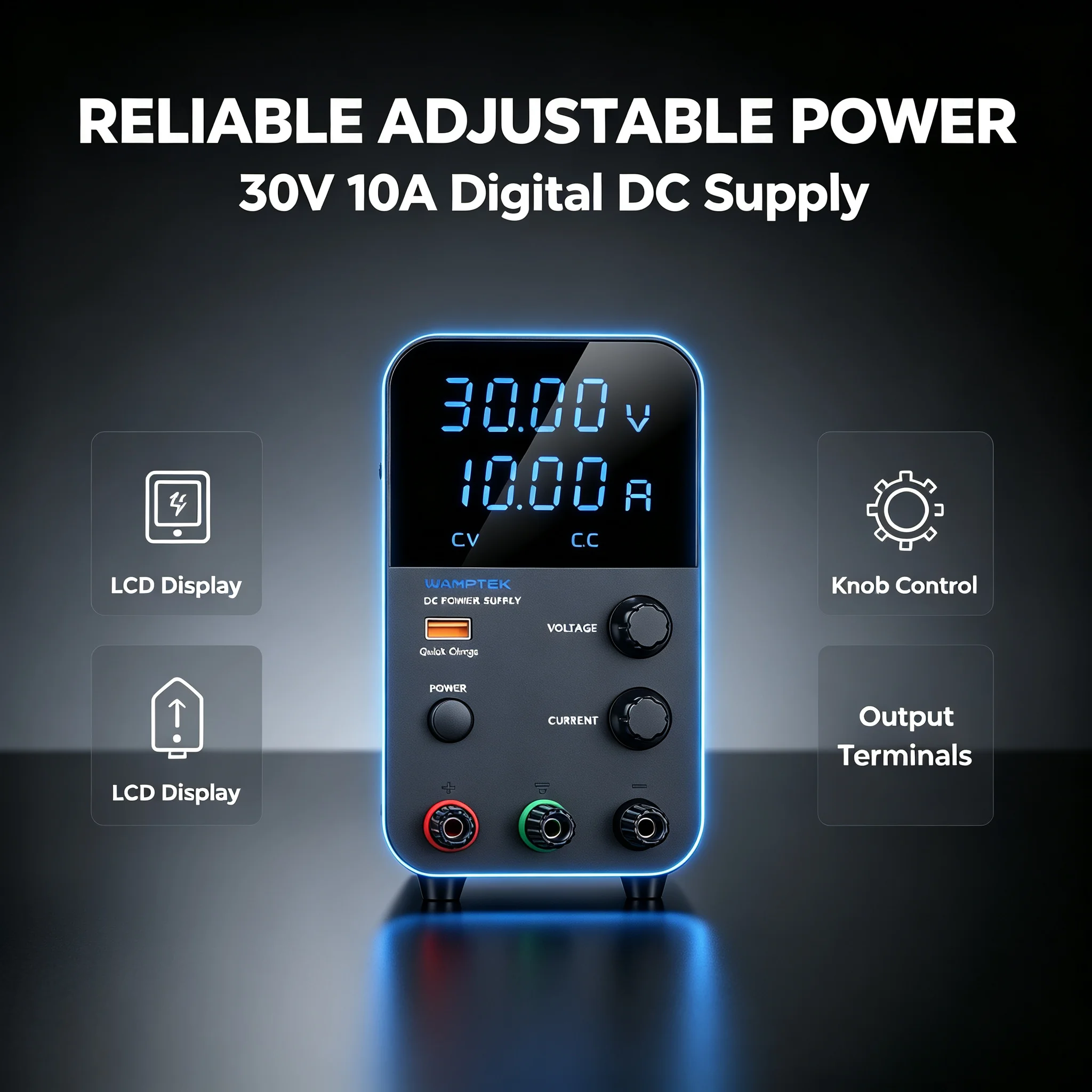 WANPTEK Adjustable DC Power Supply, Dual 4‑Digit Blue Display with USB Quick Charge for Repair, Battery Charging, Lab Teaching
