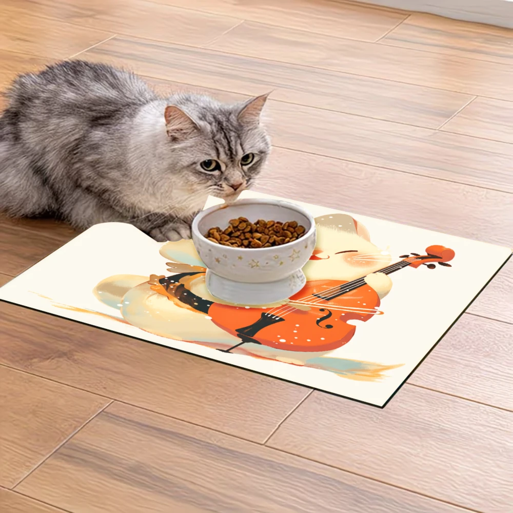 

Милый коврик для кормления домашних животных с изображением кролика, играющего на скрипке, нескользящий, защищающий от брызг, для кошек и собак