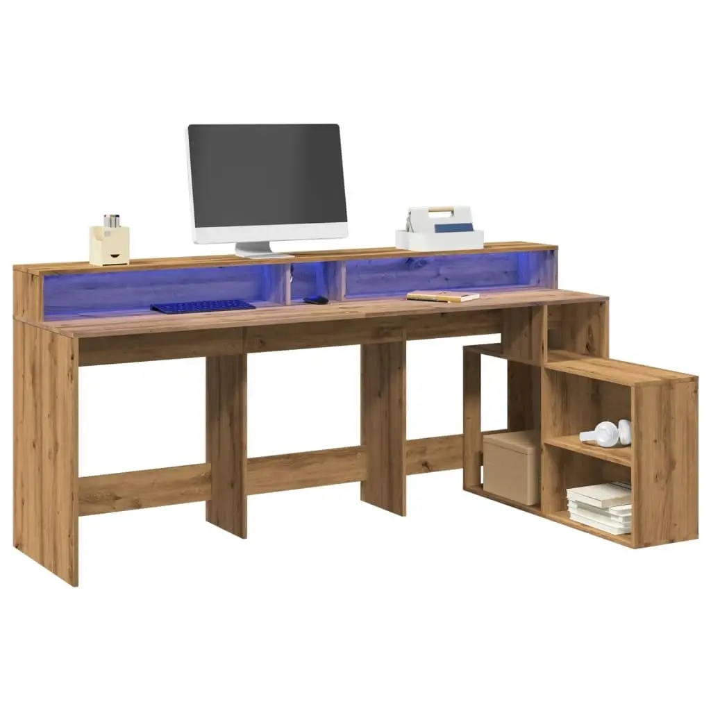 Artisan Oak Desk with LED Lights - 200x104x91 cm, Durable Engineered Wood, Modern Home Office Furniture