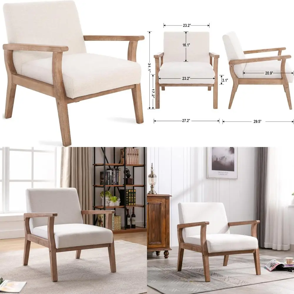 كرسي حديث مغطى بالكتان في منتصف القرن مع إطار خشبي لغرفة المعيشة وداخلية على طراز المزرعة