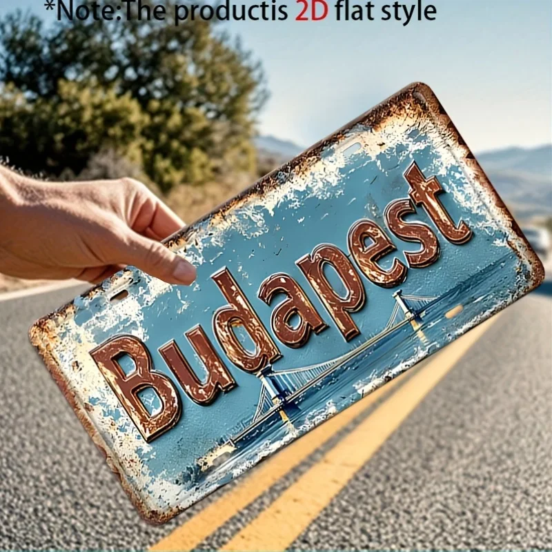 2D Flat 1pc Retro Budapest Themed Aluminum License Plate Wall Sign Wall Hanging Home Porch Terrace Backyard Wall Art