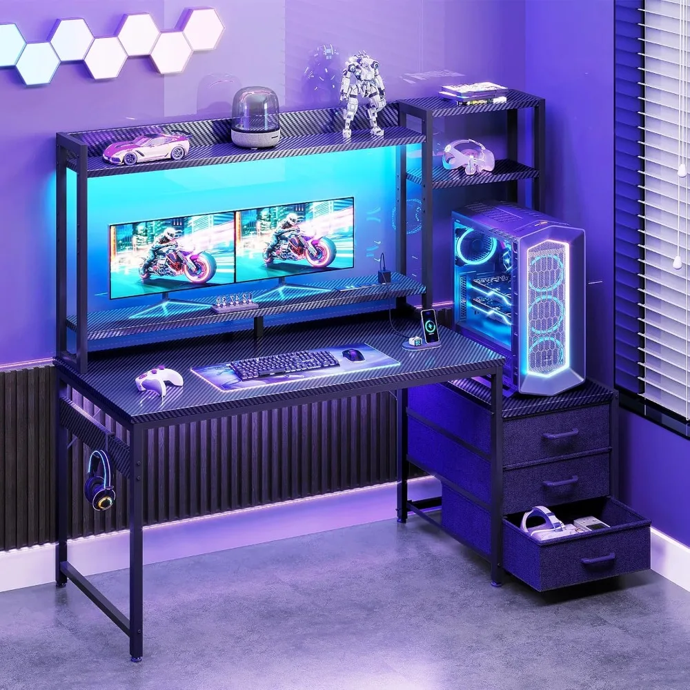 Mesa de jogos de 48 polegadas com gaiola e 3 gavetas de tecido, mesa de computador com portas USB e luzes LED, mesa de jogador de PC reversível com Mo