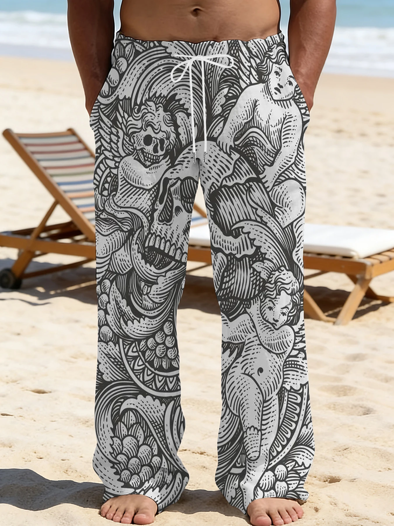 

2026 Men's Printed Straight Leg Pants Vibrant Abstract Design Drawstring Waist Loose Fit Summer Beach Casual Fashion Pants