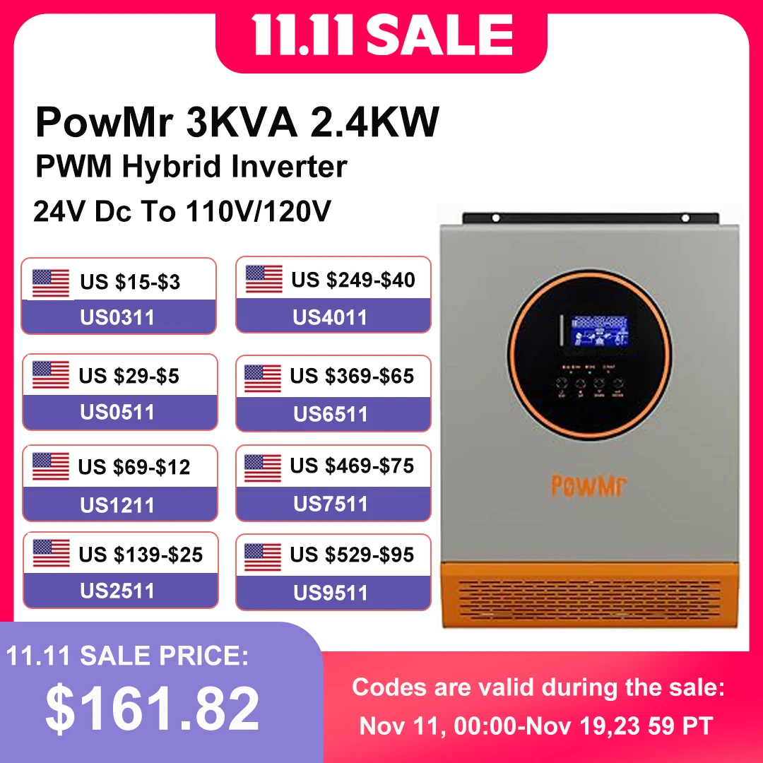 

Американский солнечный гибридный инвертор 3 кВА 2,4 кВт, 24 В постоянного тока до 110 В/120 В с контроллером заряда ШИМ 50 А, инвертор для автономной чистой синусоидальной волны