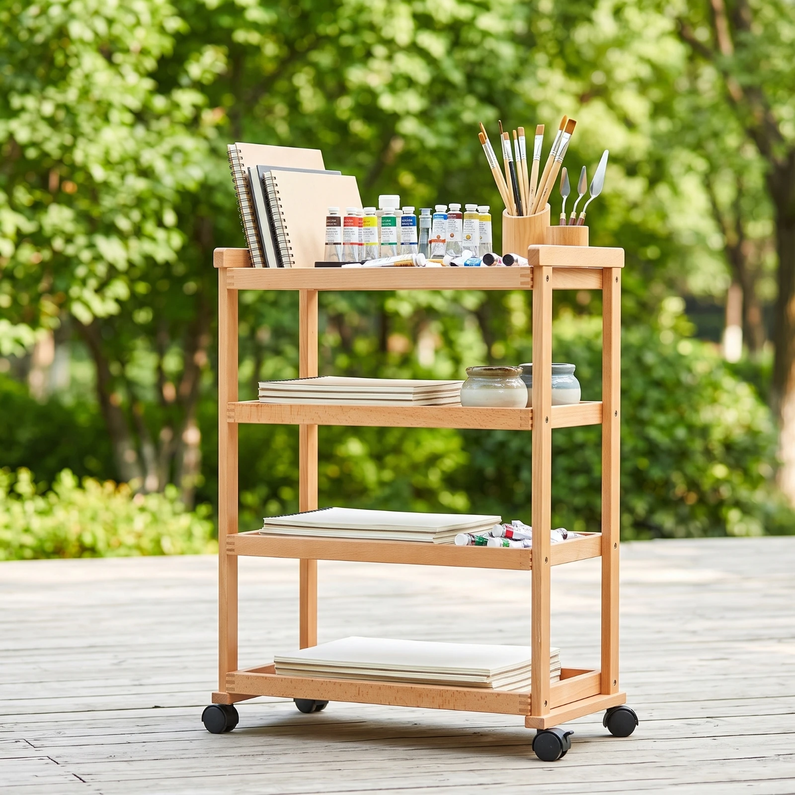 Art Cart Wooden Studio Cart Organizer Open-Shelf Furniture Sturdy for Artists, Workspace, Classroom