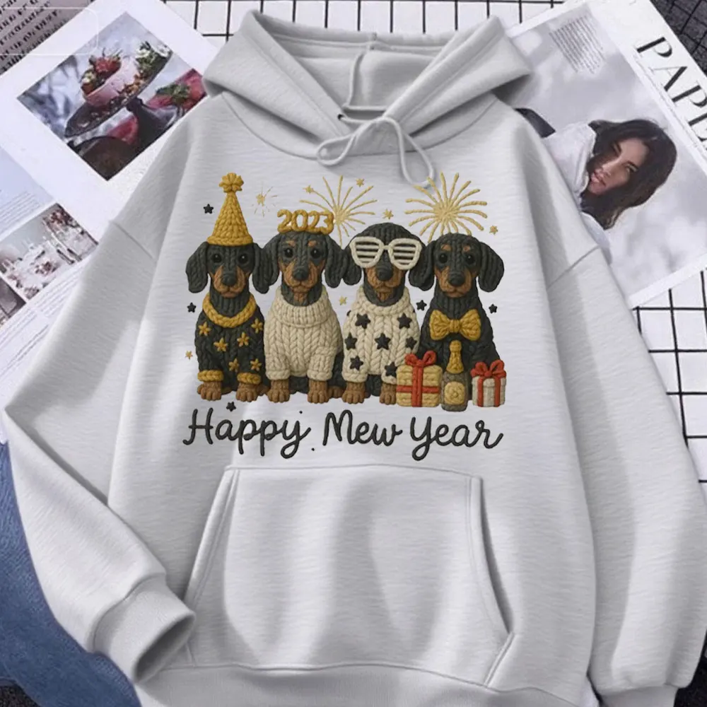 الكروشيه طباعة سنة جديدة سعيدة الكلب الألماني المرأة هوديي لطيف الجراء السنة الجديدة عطلة الحيوانات الأليفة Sweatshitr الكلب عاشق البلوز تصميم #6