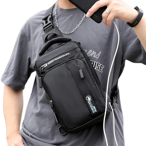 Imagen 2 del producto Mochila pequeña para hombre, bolso de hombro con puerto de carga USB, bandolera de nailon impermeable para viaje, bolsas cruzadas