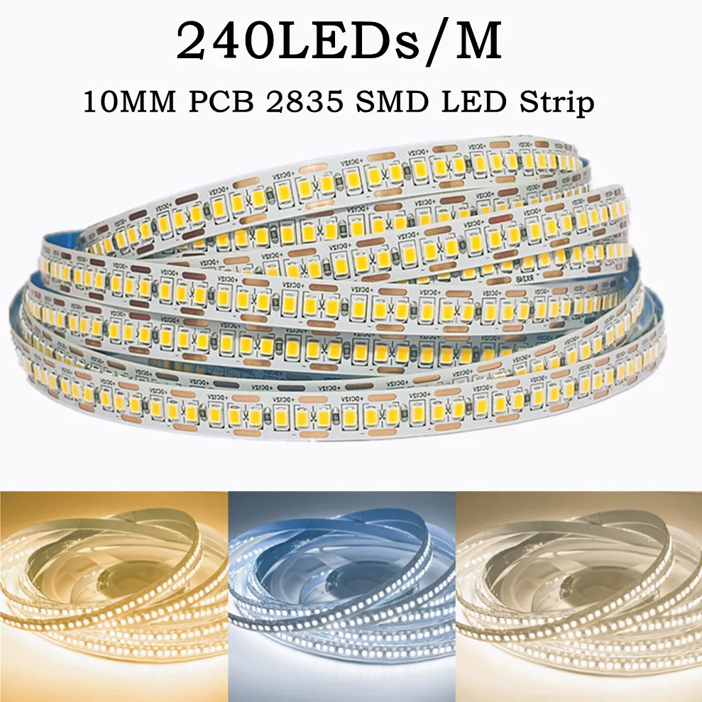 240LEDs/M 10MM PCB 2835 SMD LED Strip IP20 Non Waterproof DC12V 24V Flexible Light 0.5M-10M White Warm White 1200LED 2835 Strip