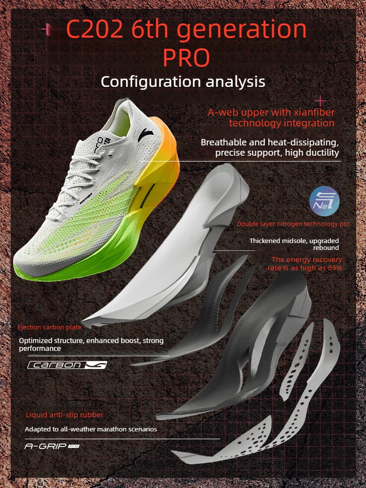 ANTA C202 6th generation PRO professional carbon plate running shoes, shock-absorbing, anti slip, breathable men's sports shoes