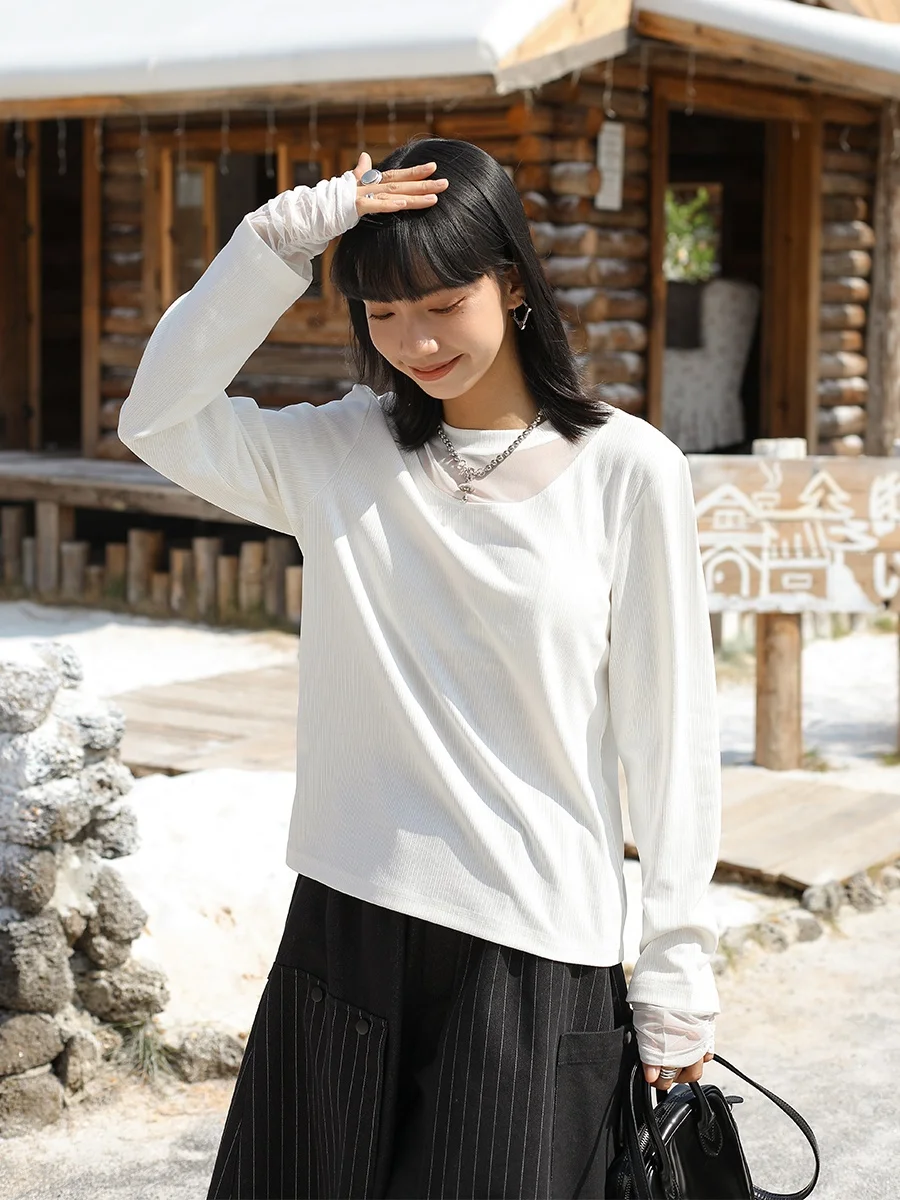 

Inkday Japanese Sle Long Sve round Ne Splicing Top Women's Base Layer Winter Commute Versatile Loose Fit Polyester Blend