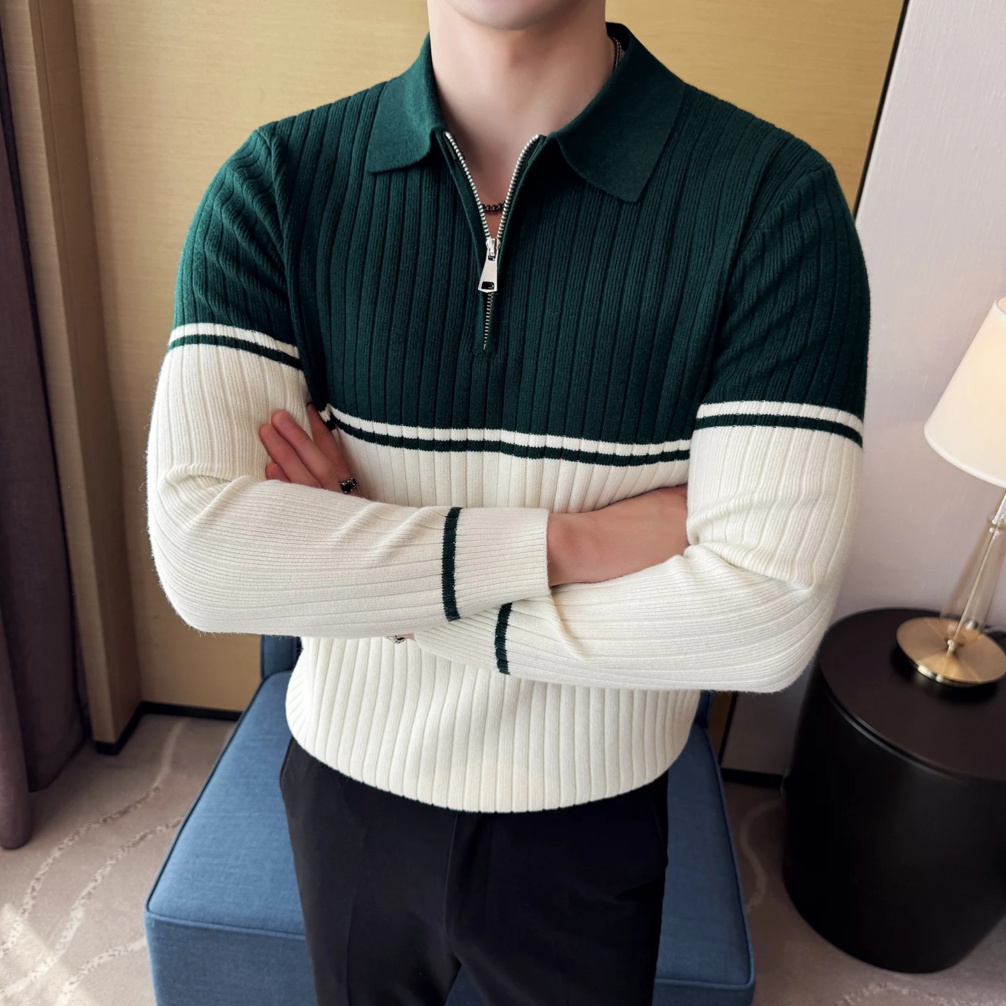 Otoño Invierno suéter de solapa para hombres tendencia Casual negocios Polo suéter con cuello contraste Color Patchwork suéteres ropa de hombre