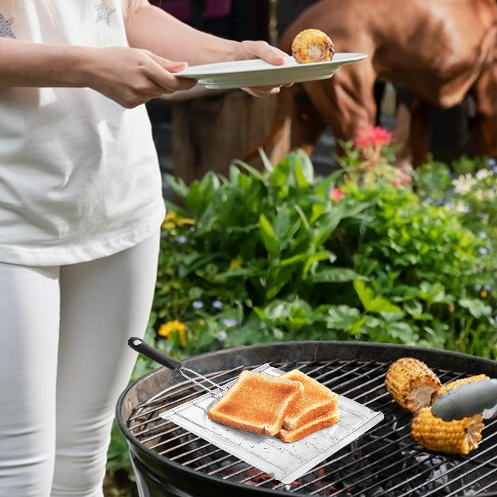 

Iron Wire Perforated Foldable Grill Rack Plastic Handle Camping Stove Top Bread Fish Meat Grilling Tray Heating Grill