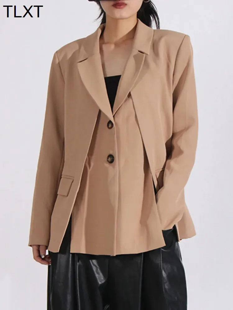 

TLXT модные пиджаки со сращенным дизайном, женские однобортные офисные женские куртки цвета хаки с зубцами, женские весенние куртки 2024, новинка XK1027