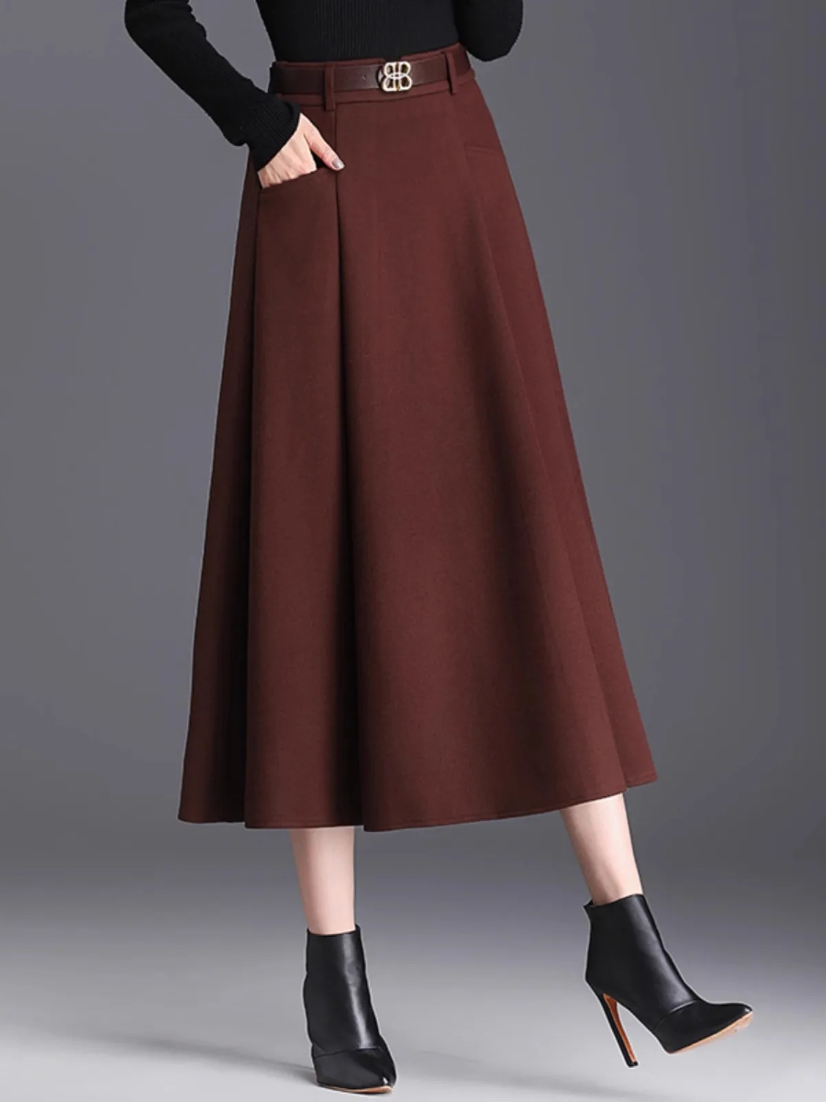 Thickened Woolen A-Line Midi Skirt High Waist Women's Spring Autumn 2025 New Style Pocket Slimming Elegant Half-length Skirt