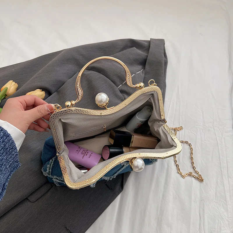 ﻿    Modieuze contrasterende denim handtas, nieuwe diamanten rasterschelptas, trendy en veelzijdige crossbodytas met enkele schouder