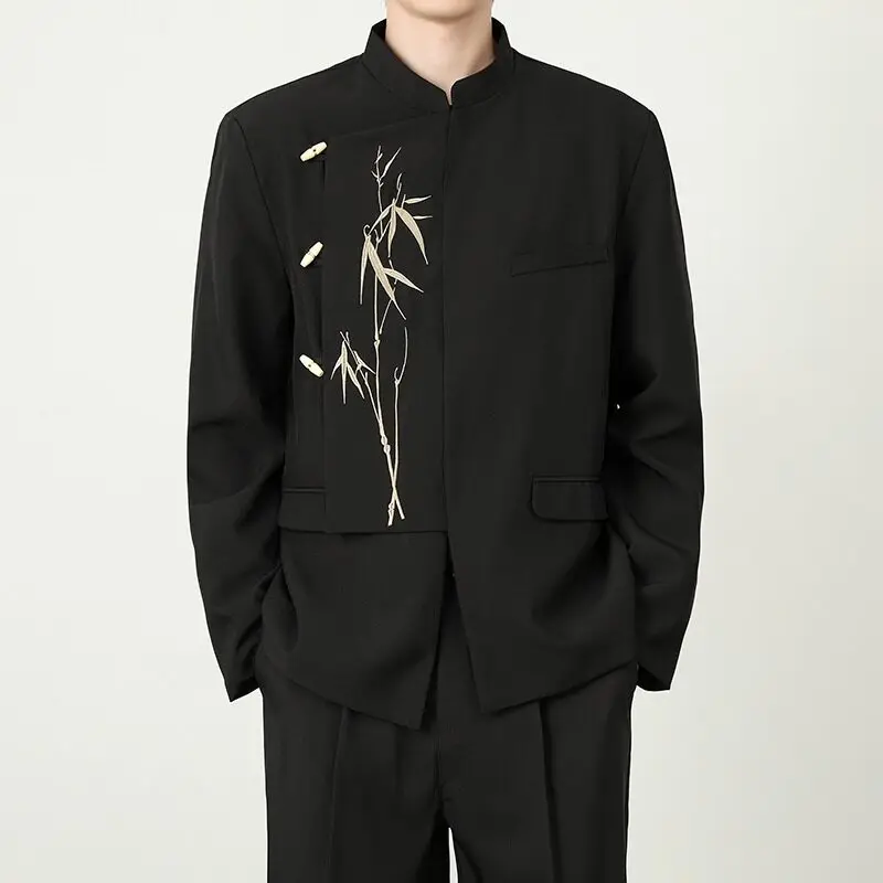 Chinese Style Irregular Suit Jackets Men Black Handsome Blazers Men Leisure Suit Jacket Male Streetwear Bamboo Embroidery Blazer