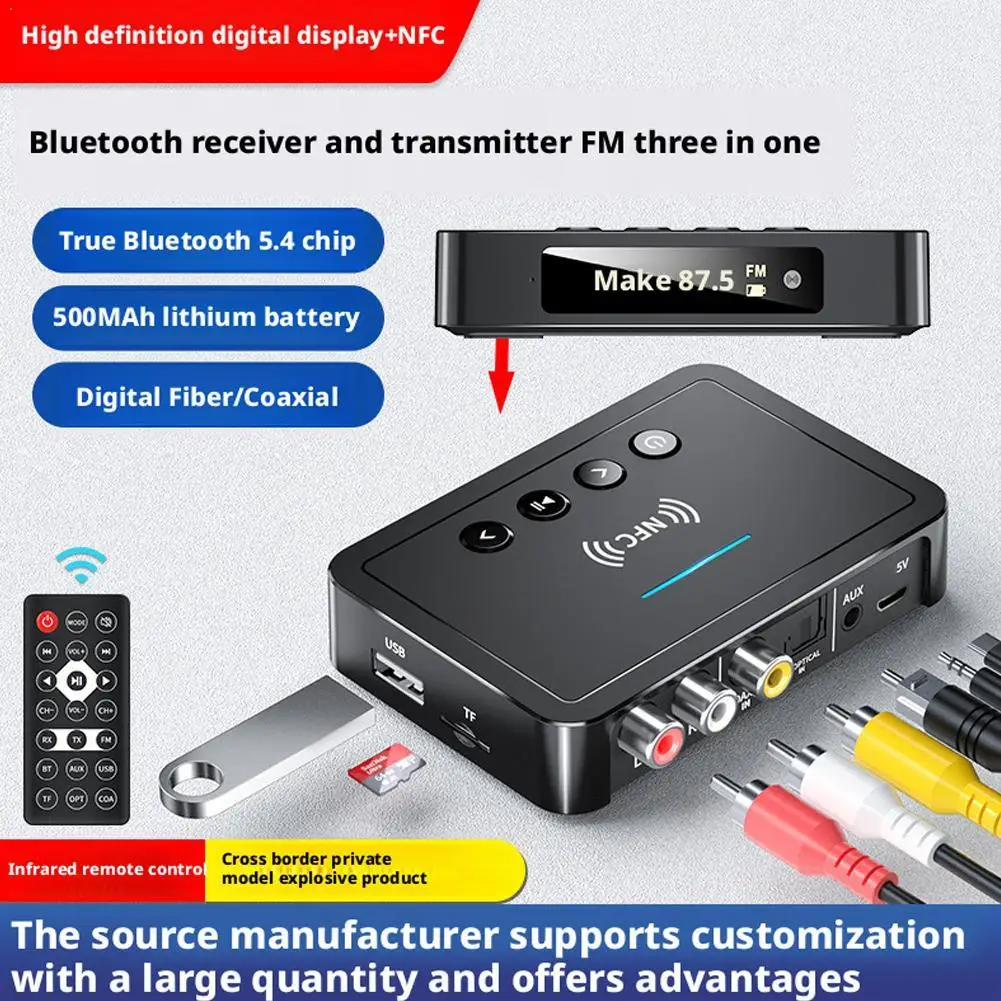 

NFC Bluetooth 5.4 Audio Receiver Transmitter, 3.5mm AUX RCA Optical Coaxial Adapter with Remote, TF/U-Disk Play for TV PC Speake