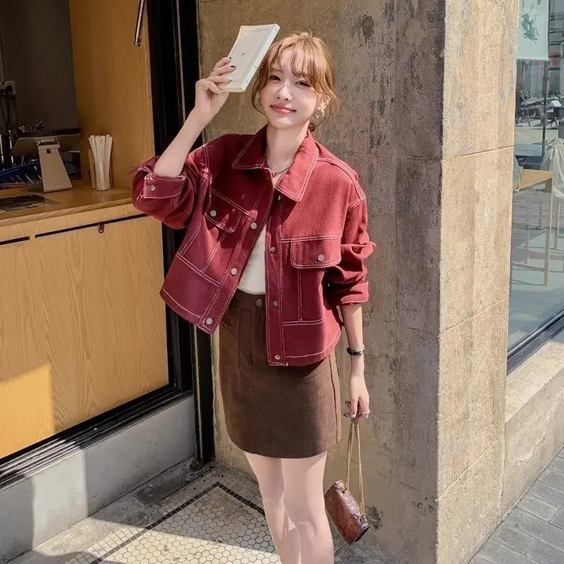 

Denim Coat Woman Long Womens Autumn Fleece Bomber Baggy Cycling British Style Blended Mid-Length Subcultural Flare Collared Chic