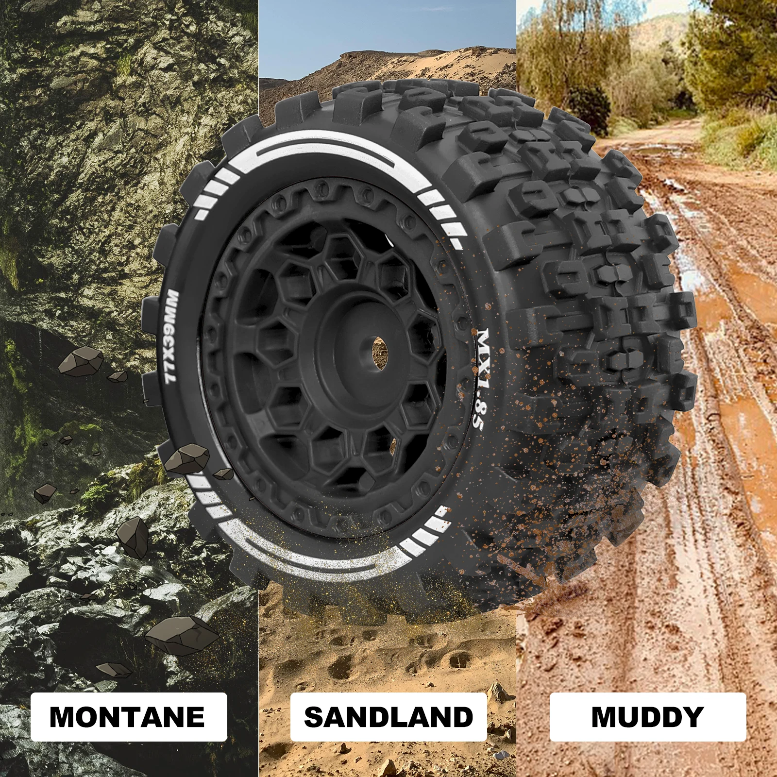 OGRC MX1.85 Ruedas y neumáticos RC Juego de neumáticos de rueda hexagonal de 12 mm 77 * 39 mm para ARRMA 1/18 Typhon Granito Grom