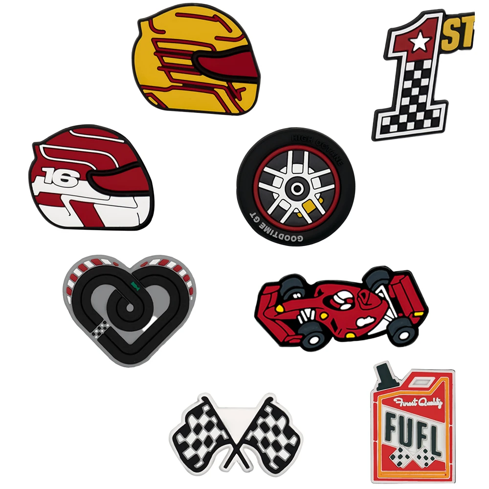 1/8pcs PVC Racing Cars Shoe Charms DIY Tires Track Shoe Accessories Decoration Red Yellow Helmets Shoe Decoration Fits All Clogs