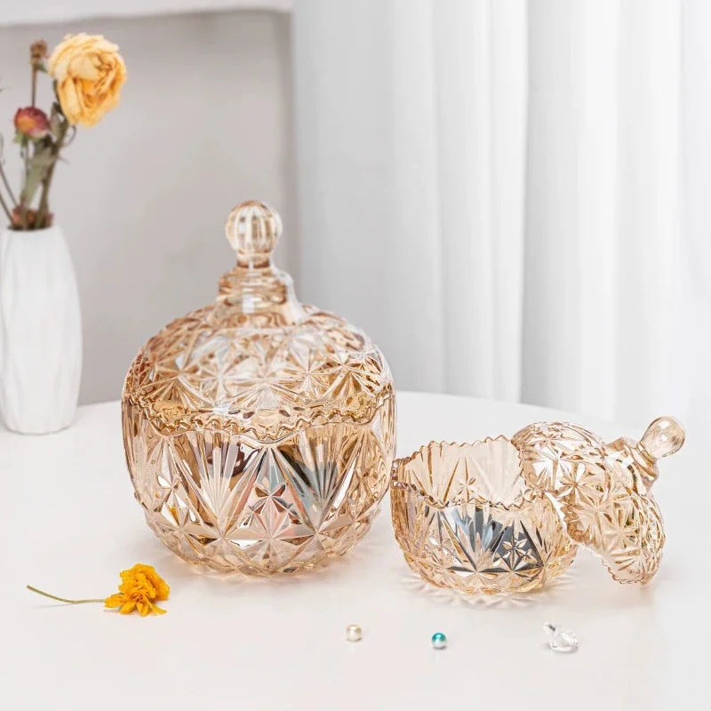 

Crystal Glass Candy Cup European Creative with Lid Candy Jar Tray Fruit Candy Bucket Storage Jar Creative Living Room Decoration