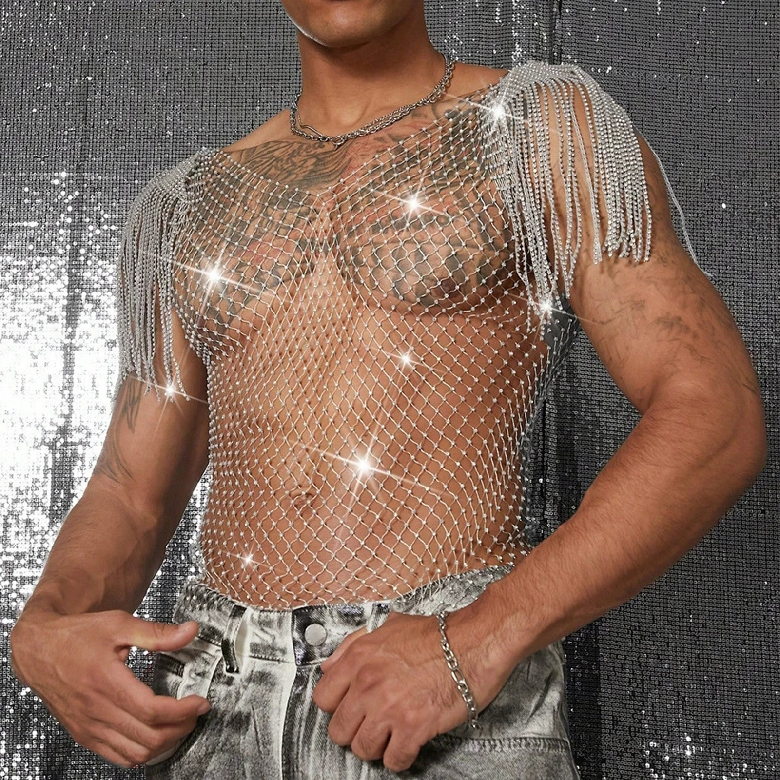 

See Through Tassel T-Shirt Shiny Rhinestone Fishnet Hollow Bare Body Short Top Party Dancing Clubwear Crop top Rave Accessories