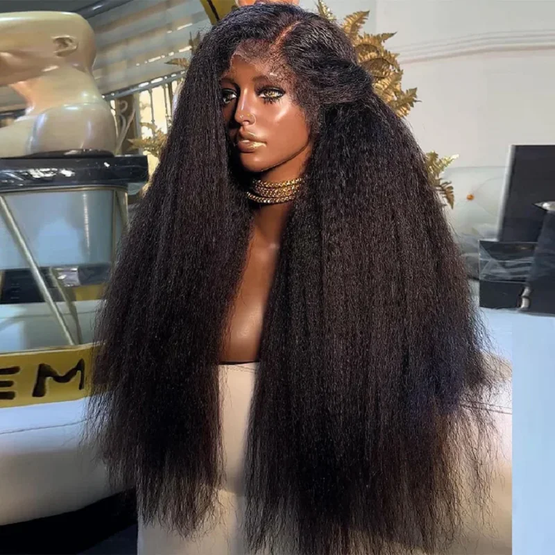 Pelucas delanteras de encaje largo prearrancado Yaki suave negro Natural de 26 pulgadas 180 de densidad para mujeres pelo de bebé rizado sin pegamento buena textura