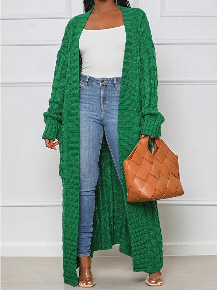 Long Winter Cardigan Women Casual Oversized Knitted Sweater Loose Solid Long Sleeve Knitwear Female Vintage Green Twist Cardigan