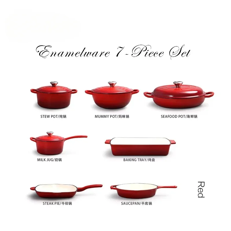 تصنيع أواني الطبخ من الحديد الزهر ما وراء 7 قطع للتخييم الكلاسيكي أفضل مجموعة أواني طهي من الحديد الزهر المطلي بالمينا