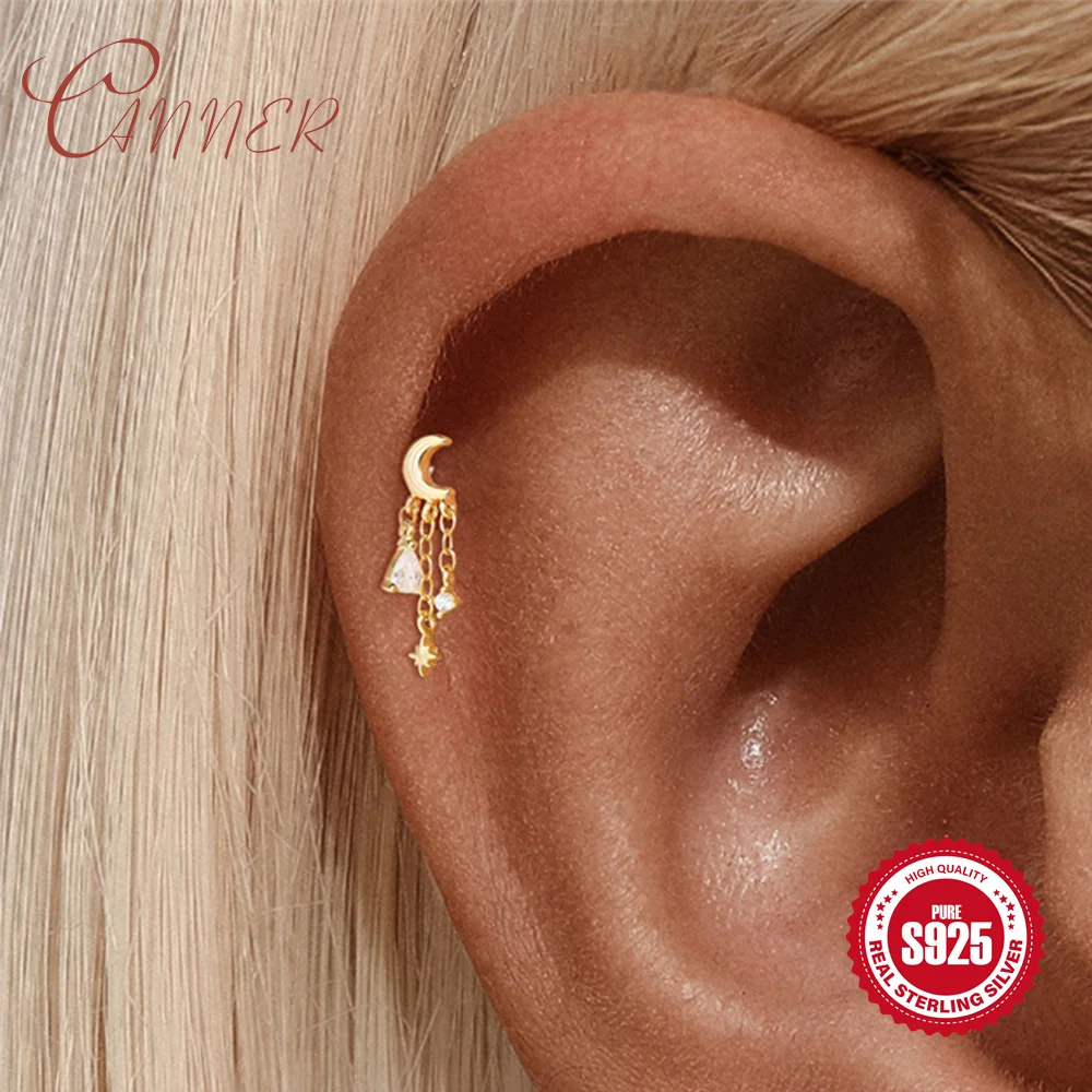 

CANNER 925 Sterling Silver Star Moon Tassel Threaded Flat Back Cartilage Piercing Stud Hypoallergenic Summer Beach Party Jewelry