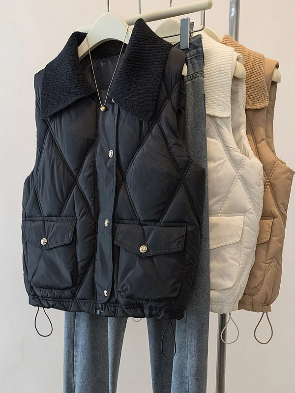 우아한 다이아몬드 패턴 라펠 조끼 아우터웨어 루즈 슬리브리스 숄더 패드 여성용 2025 가을 겨울 두꺼운 면 코트