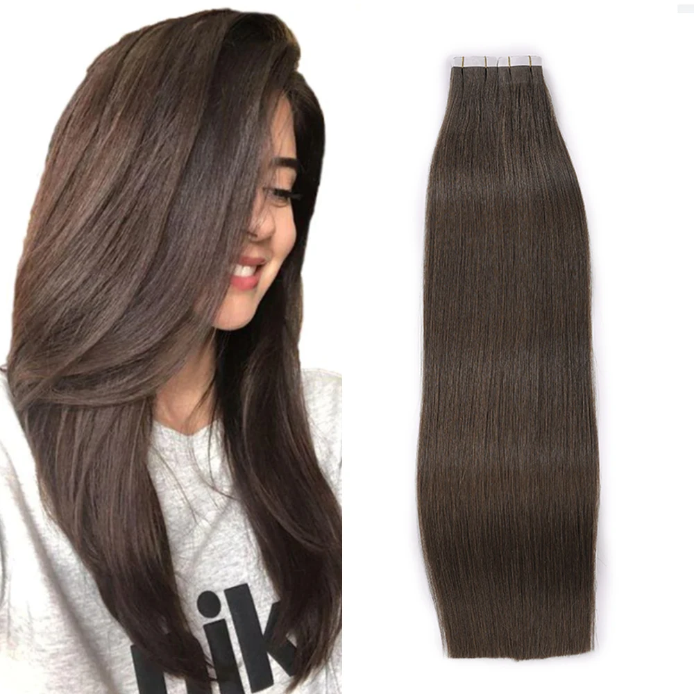 Color #4 Virgin Cuticle Aligned Brazilian Tape In Hair Extensions 100% Human Hair Tape Ins Extensions Raw Hair