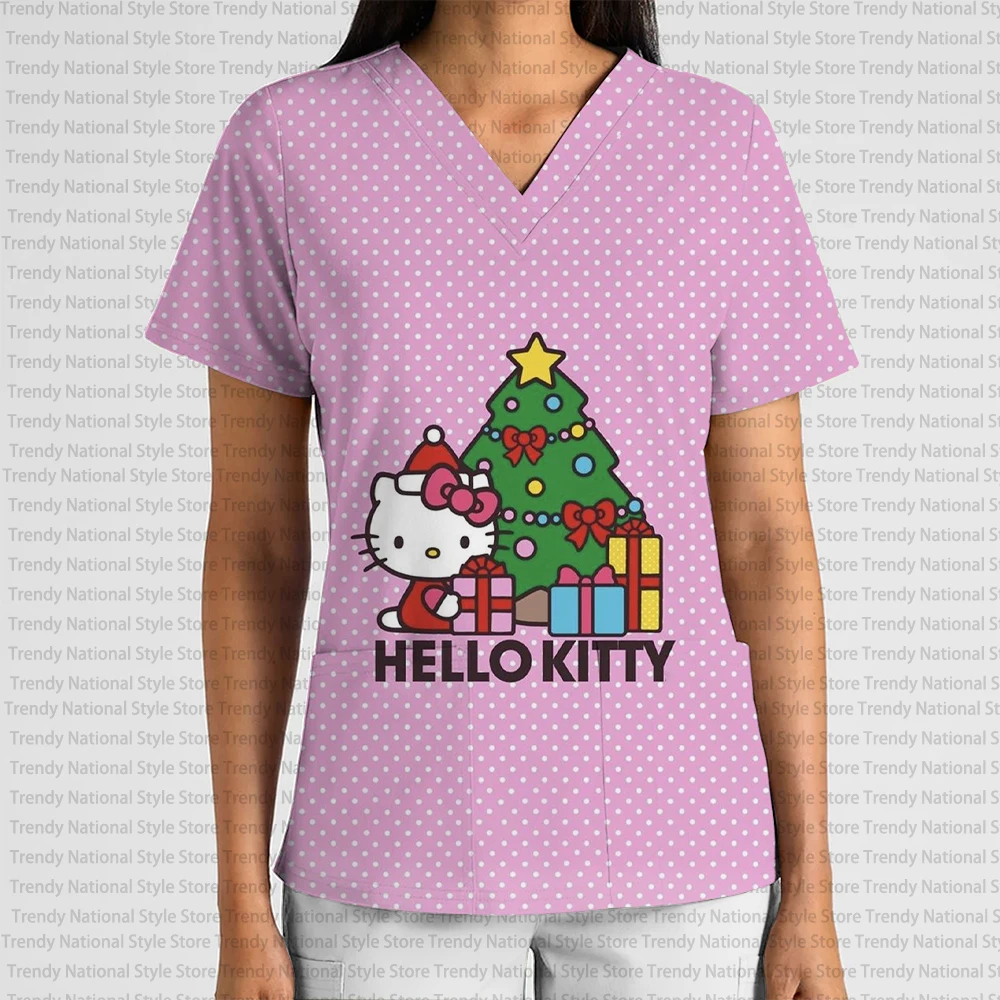 عيد الميلاد مرحبا كيتي الكرتون طباعة المرأة التمريض موحدة الخامس الرقبة قصيرة الأكمام جيب متجمد تي شيرت صالون تجميل موحدة