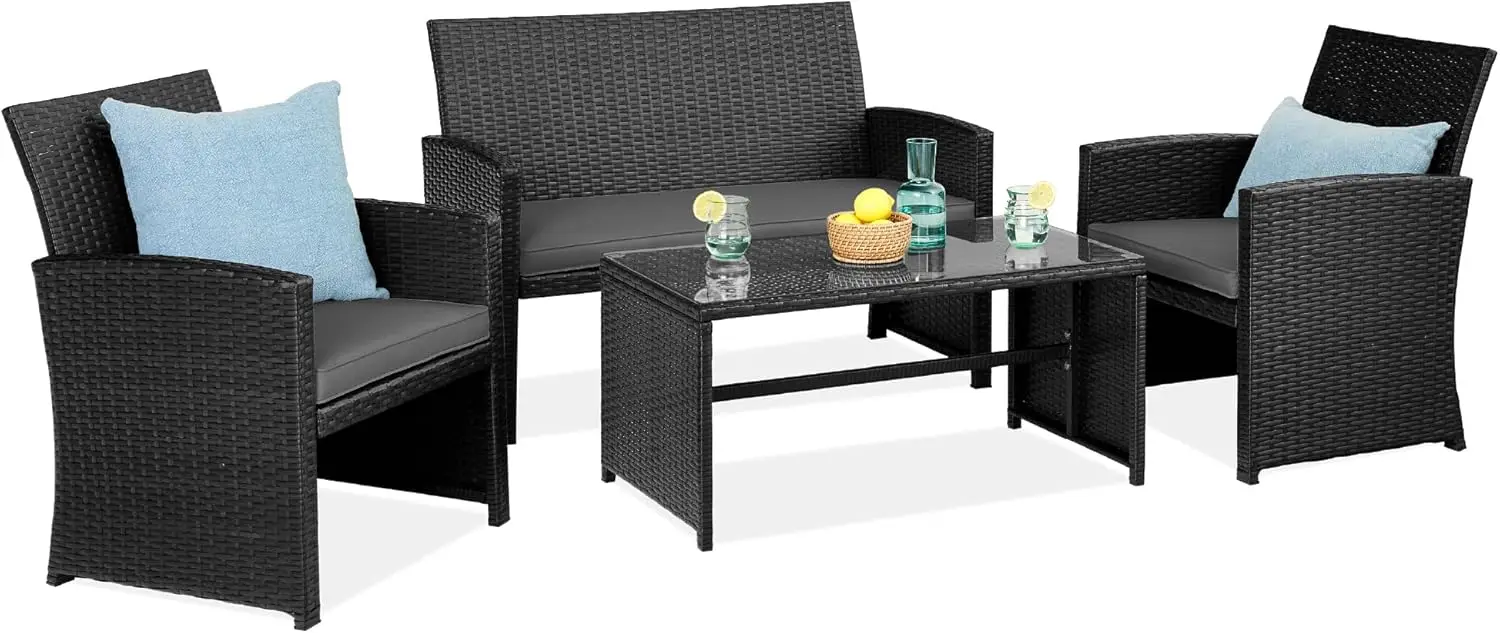 

Best Choice Products 4-Piece Outdoor Wicker Patio Conversation Furniture Set for Backyard w/Coffee Table, Seat Cushions - Black/