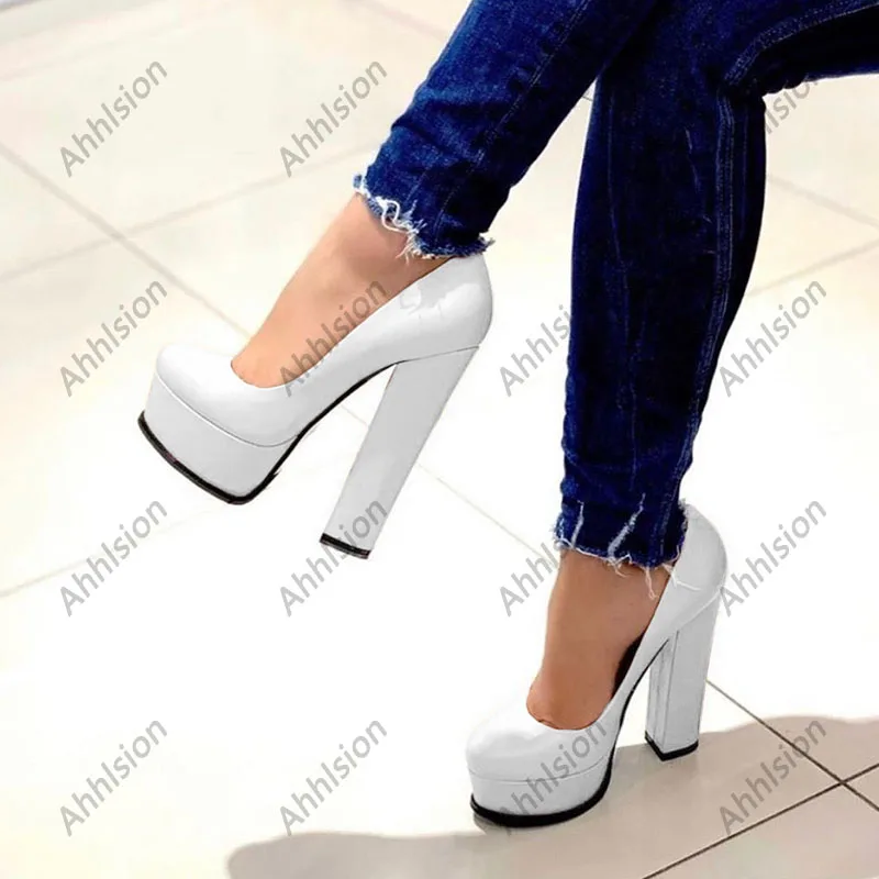Ahhlsion Handmade Women Spring Pumps Matt Faux Leather Round Toe Elegant Black Party Shoes Ladies Plus US Size 5-20