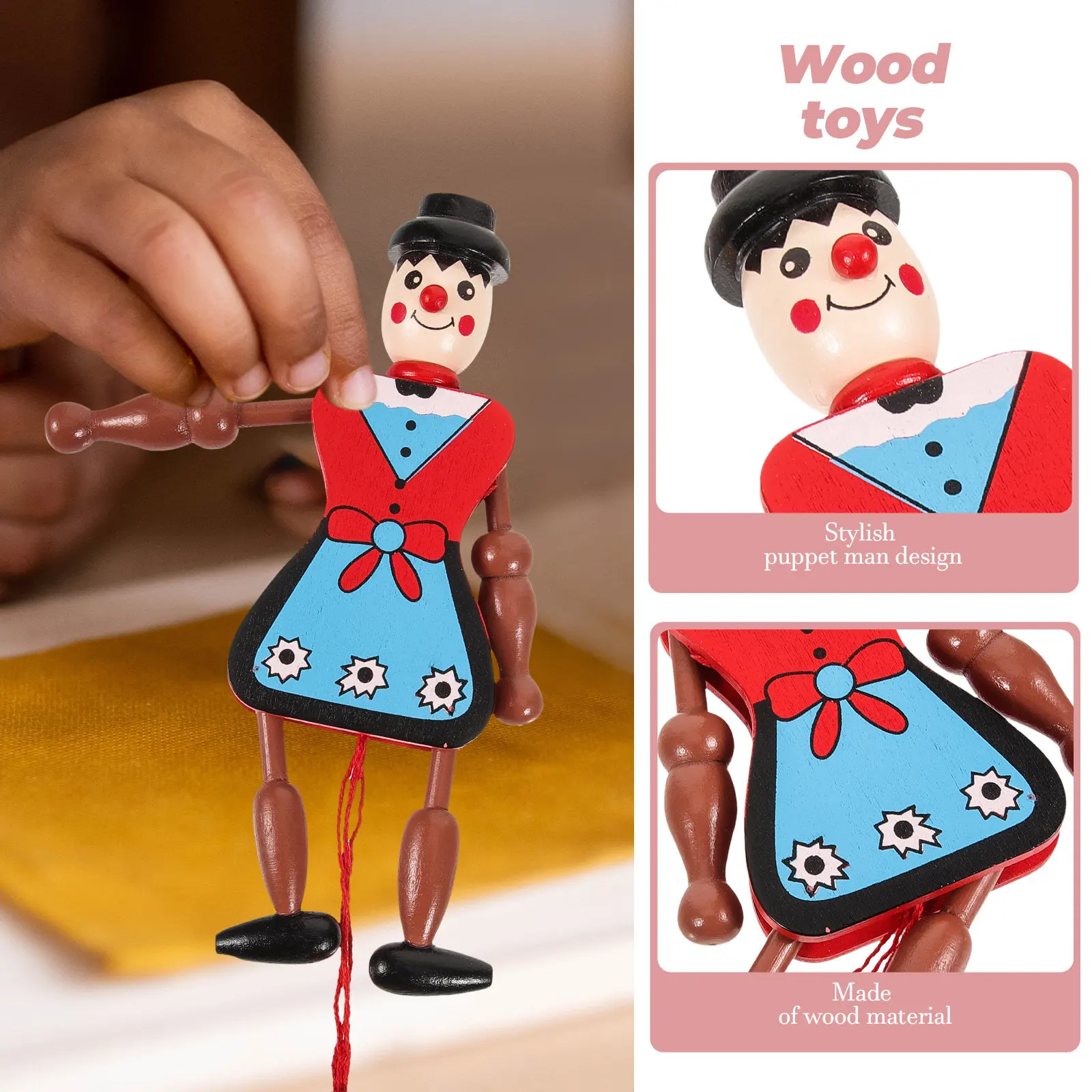 

4Pcs Wood Puppet Hanging Pull String Marionette Creative Interactive Play for Kids Parent Child Storytelling Wooden Ornament