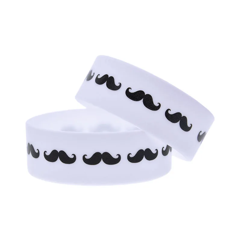 25 Stück 2,5 cm breite weiße Silikonarmbänder im Hip-Hop-Stil mit aufgedrucktem Schnurrbart-Logo, für Gruppenveranstaltungen, Souvenirs, Handbänder – Detail 1
