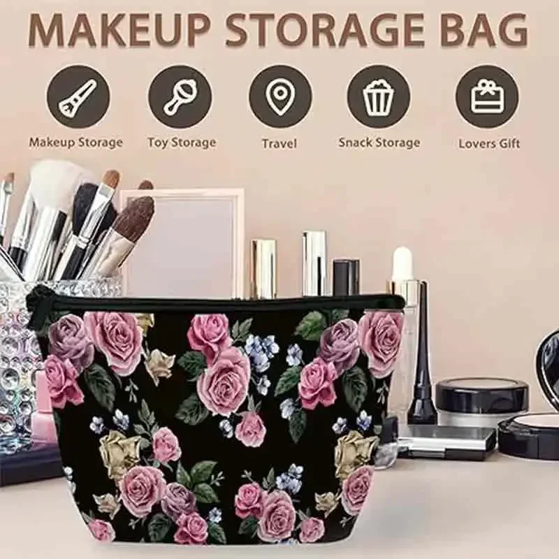 BBA098 Pink Roses Flowers Cosmetic Bags for Women,Vintage Floral Small Makeup Bag