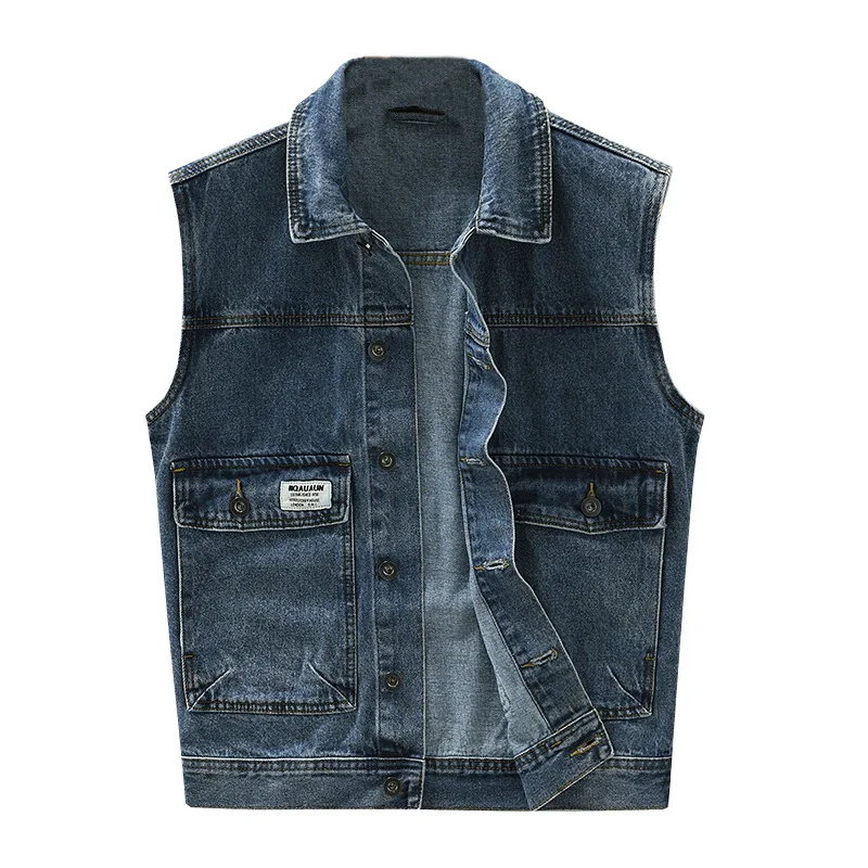 

Vintage Work Vest Mens Loose Streetwear Clothing Motorcycles Vest Multiple Pockets Cargo Blue Denim Jacket Sleeveless Waistcoat