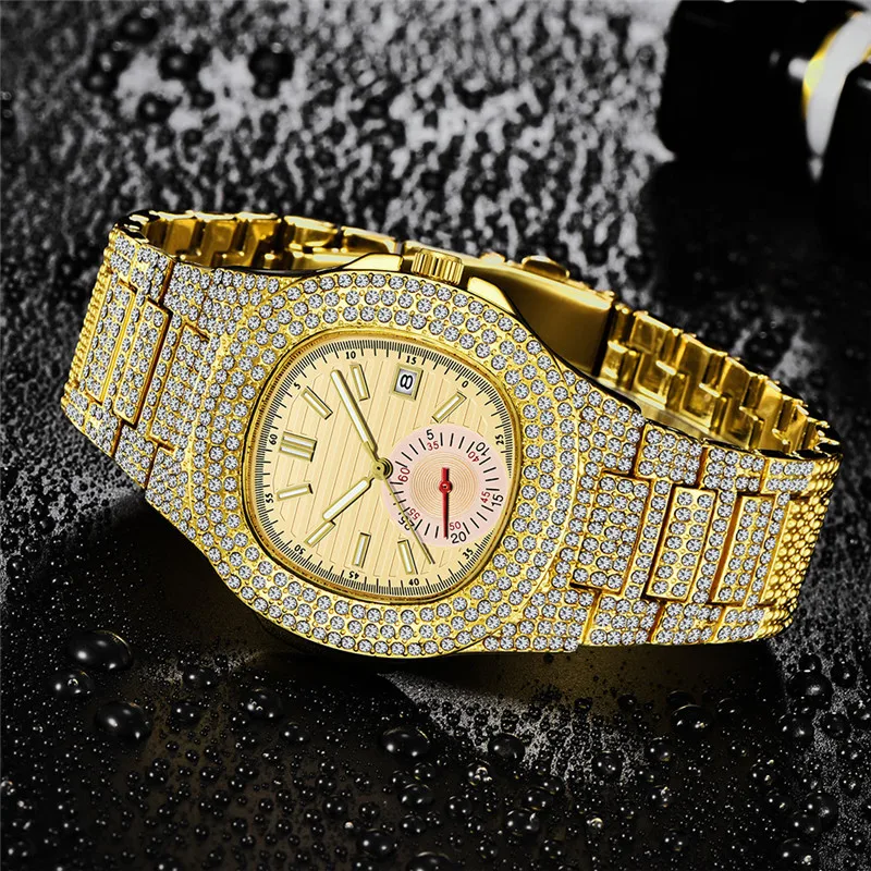 Reloj de pulsera de cuarzo con diamantes para Hombre, cronógrafo de estilo Hip Hop, con correa de aleación, a la moda, con calendario, ideal para