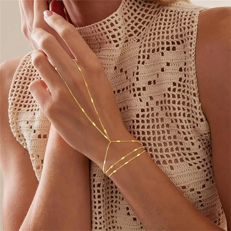 Minimalist Metal Beads Chain Wrist Bracelet for Women Trendy Gold Color Link Hand Bracelet Connect Finger Ring Jewelry Accessory