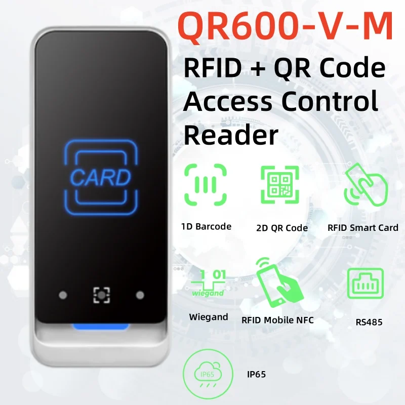 

QR600-V Smart Qr Qode RFID IC Card 13.56MHz Wiegand Rs485 slim metal frame Barcode Scanner reader For Door Access Control System